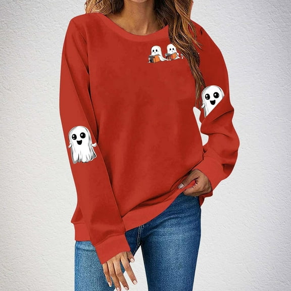 HWRETIE Oversized Hoodies for Women,Women's Halloween Round Neck Printed Sweatshirt Long Sleeve Loose Fit Pullover Hoodie Casual Holiday Fall Top Red