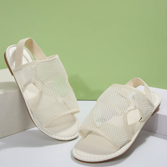 HWRETIE Oversized Mesh Flat Sandals - Breathable Elastic Band Summer Shoes With Wide Fit Design,Casual Beach Slippers For Women White/36