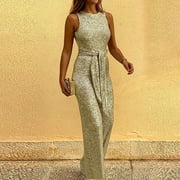 HWRETIE Plus Size Women Pants Clearance Women Sexy Zipper Bandage Sequins Solid Color Backless V-Neck Sleeveless Jumpsuit Flash Picks Gold 10(XL)