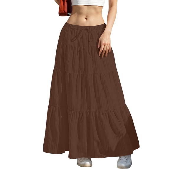 HWRETIE Skirts for Women,Women's Fashion Summer Casual Comfy Solid A-Line Long Skirts Elastic Waist Brown