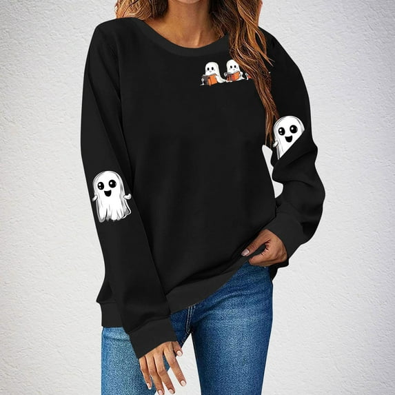 HWRETIE Sudaderas Para Hombre,Women's Halloween Round Neck Printed Sweatshirt Long Sleeve Loose Fit Pullover Hoodie Casual Holiday Fall Top Black