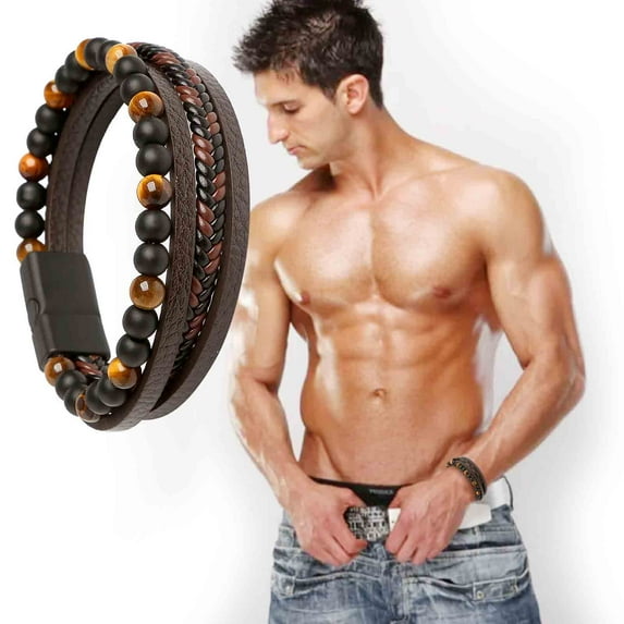 HWRETIE Tiger Eye Bead Bracelet with Leather Cord - Natural Volcanic Stone Eye Beaded Bracelet Health Bracelet Shaping Bracelet Cowhide Rope Agate Bracelet