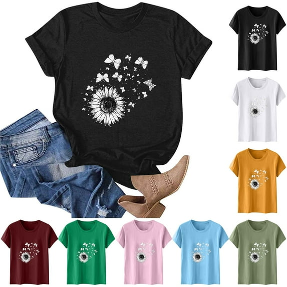 HWRETIE T-Shirts for Women,Short Sleeve Shirts for Women,Graphic Tees Sunflower Butterfly Printed Shirt,Short Sleeve Round Neck Outfit Clothes Workout Tops for Women q-Sky Blue