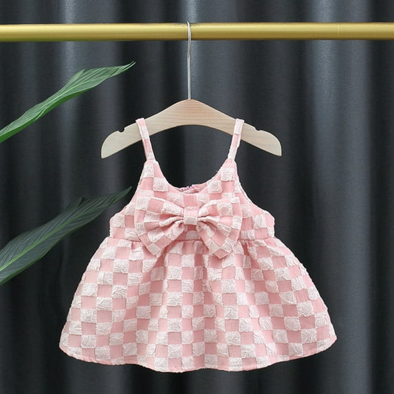 HWRETIE Toddler Baby Girls Sling Dress Girls Summer Sleevelessfront Bowknot Halter Checkerboard Summer Sundress One-Piece Princess Casual Organic Cotton Dress