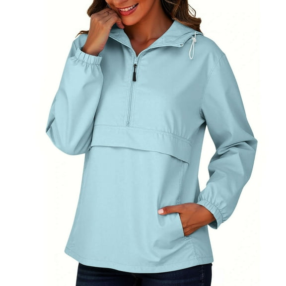 HWRETIE Travel Windbreaker,Women's Lightweight Waterproof Half-Zip Hooded Outdoor Sports Jacket Top,Breathable Windbreaker for Hiking,Running,and Casual Daily Wear Light Blue