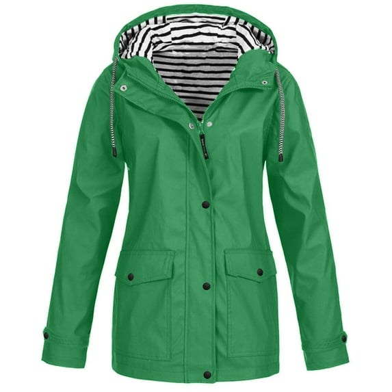 HWRETIE Travel Windbreaker,Women's Solid Color Casual Waterproof Hooded Rain Jacket with Drawstring and Zipper Pockets,Outdoor Windproof Sportswear Assault Style Jacket Green