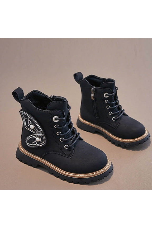 Walking Shoes,Girls' Martin Boots Winter British Style Short Boots Autumn Leather Fashion Winged Shoes Children's Mid Calf Casual Boots Older Girls Black