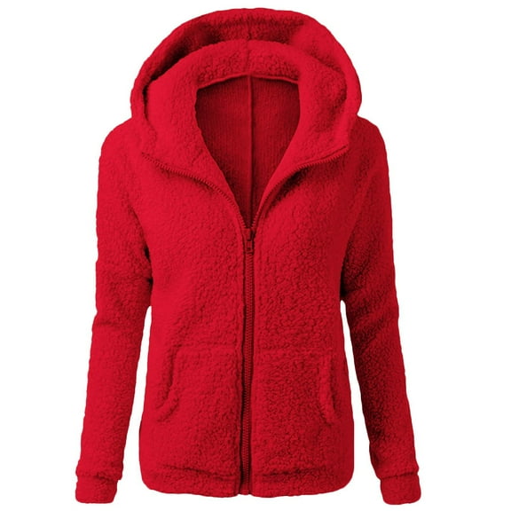 HWRETIE Warm Winter Coats for Women,Women's Solid Zip Pocket Hooded Top Coat,Outdoor Errands Ready Tops Red