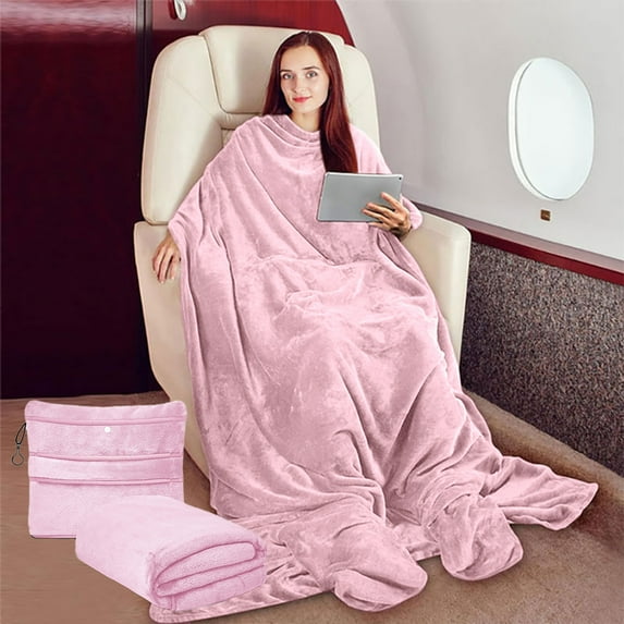 HWRETIE Multifunctional Travel Wearable Blanket Soft Flannel Hoodie Blanket for Adults Portable Cozy Warm Travel Companion