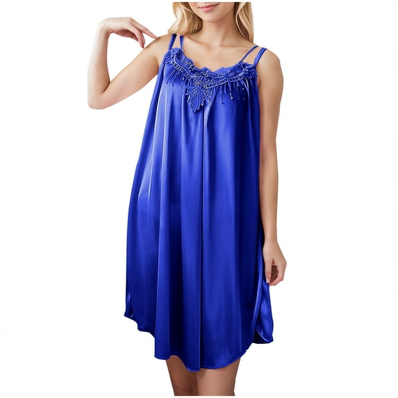 HWRETIE Women Sleepwear,Women Nightdress Solid Color Short Sleeve Pajama Dress Summer Silk Imitation Nightwear Casual Simple Home Clothes Mid Calf Gown Dark Blue （9XL）