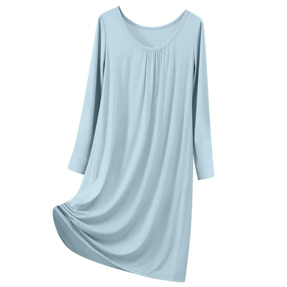 HWRETIE Women Sleepwear,Women Pajama Dress Solid Color Plus Size Round Neck Long Sleeve Loose Comfortable Casual Mid Calf Nightgown Home Clothes Sleepwear Light Blue （9XL）