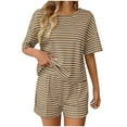 thumbnail image 1 of HWRETIE Women Sleepwear,Women Pajama Set Casual Striped Short Sleeve Shirt with Elastic Waist Shorts Two Piece Home Clothes Comfortable Sleepwear Outfit Khaki （9XL）, 1 of 5