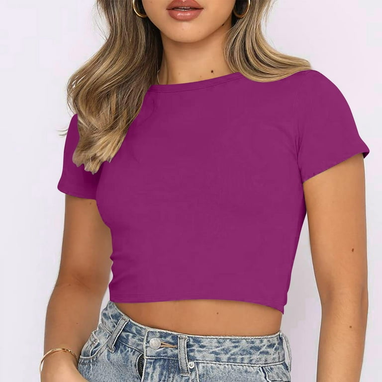 HWRETIE Women Tops Clearance Women Crop Cute Trendy Basic Tight Rounk Neck  Crop Blouse Short Sleeve Crop Tops Rollback Purple