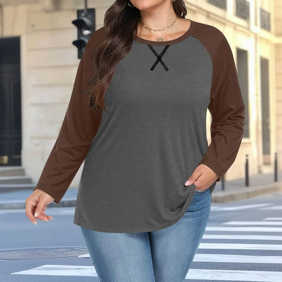 HWRETIE Women's Chest Print Top Casual Chest Print Solid Color Round Neck Pullover Loose Long Sleeved Raglan Top Plus Size Brown