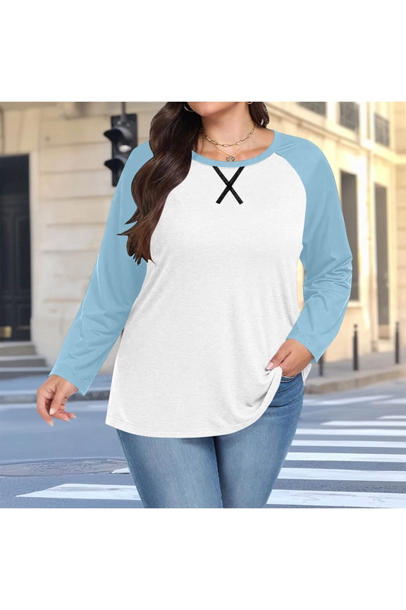Women's Chest Print Top Casual Chest Print Solid Color Round Neck Pullover Loose Long Sleeved Raglan Top Plus Size Light Blue
