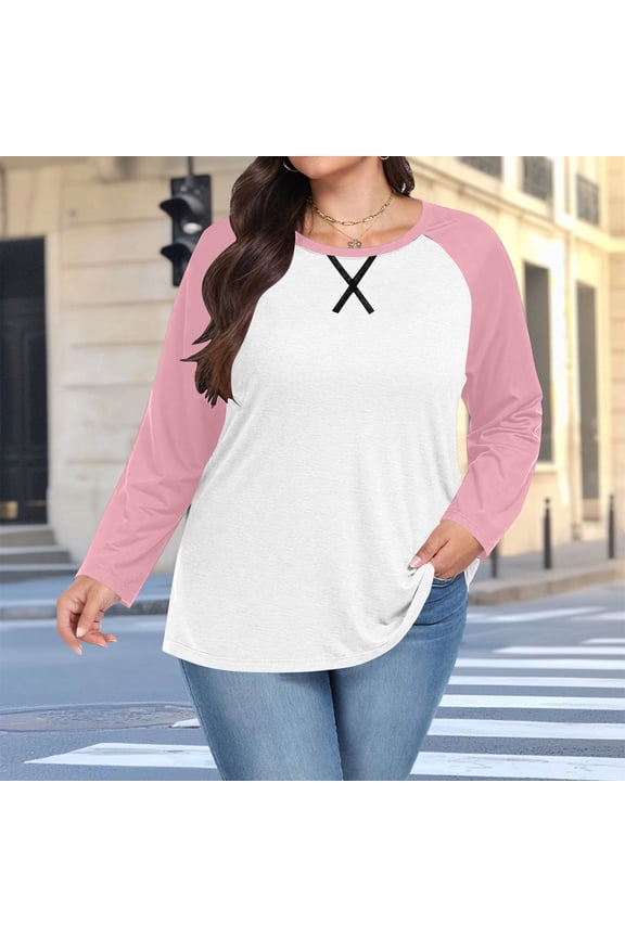 Women's Chest Print Top Casual Chest Print Solid Color Round Neck Pullover Loose Long Sleeved Raglan Top Plus Size Pink