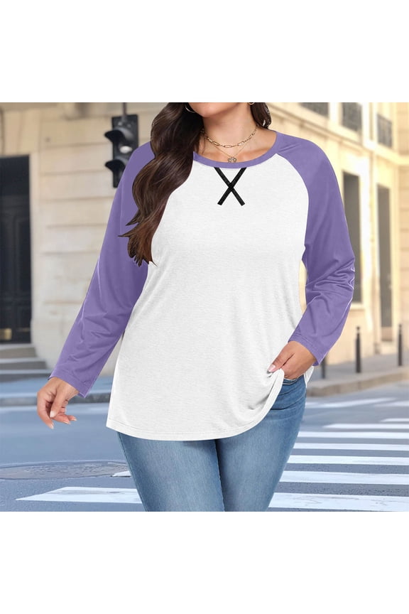 Women's Chest Print Top Casual Chest Print Solid Color Round Neck Pullover Loose Long Sleeved Raglan Top Plus Size Purple