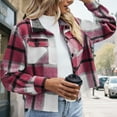thumbnail image 1 of HWRETIE Women's Fashion Loose Checkered Jacket Casual Long Sleeve Lapel Top Ladies' Double Pocket Plaid Short Style Outerwear Lightweight Coat for Autumn Winter Purple, 1 of 5