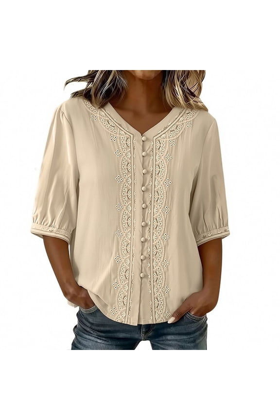 UTTOASFAY Women's Gauze Tops Short-sleeved V-neck Embroidered Top(2XL)Beige