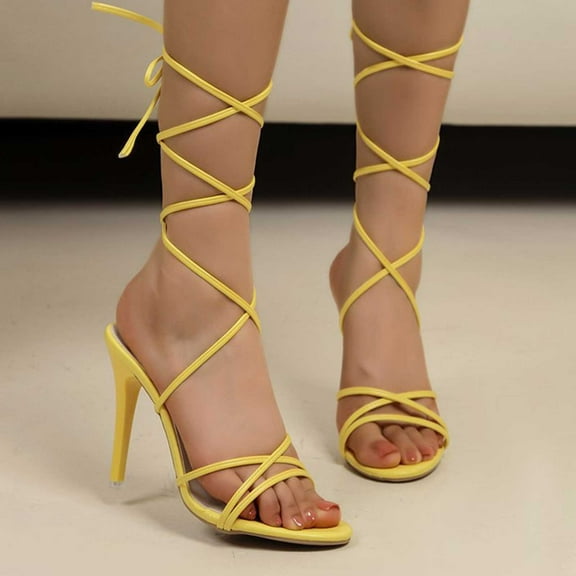 HWRETIE Women's High Heel Sandals Breathable Round Toe Lace-Up Fashion Summer Shoes Comfort Dress Party Pumps for Daily Outdoor Indoor Use Yellow