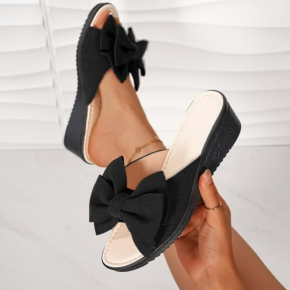 HWRETIE Women's Mid-Heel Wedge Slippers Bow Open Toe Fish Mouth Sandals Summer Fashion Casual Comfort Solid Color Shoes for Outdoor Wear Black