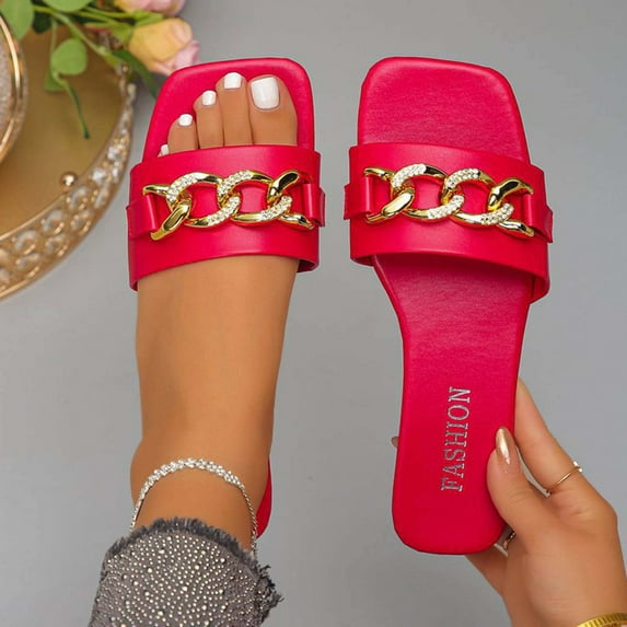 HWRETIE Women's Open Toe Chain Decor Slide Sandals Summer Fashion Casual Slippers Lightweight Flat Shoes for Daily Wear Vacation Outdoor Use Red
