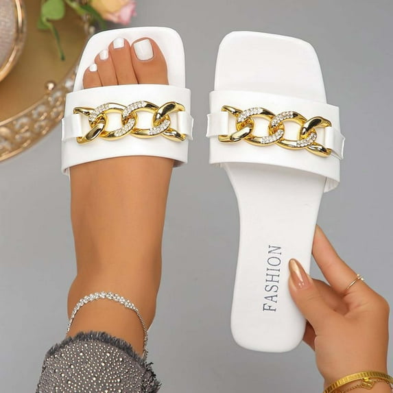 HWRETIE Women's Open Toe Chain Decor Slide Sandals Summer Fashion Casual Slippers Lightweight Flat Shoes for Daily Wear Vacation Outdoor Use White