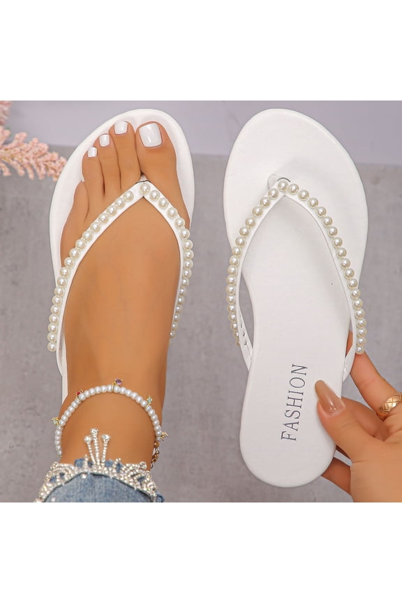 Women's Pearl Thong Flip-Flops Flat Sandals Summer Fashion Casual Slippers Solid Color Beach Comfort Shoes for Vacation Daily Use White