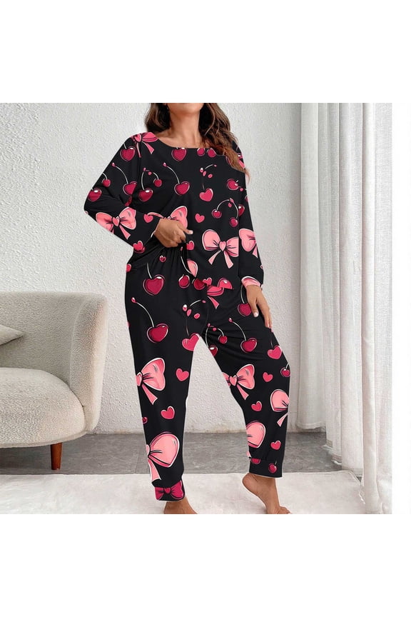 HWRETIE Women's Plus Size Printed Long Sleeve Pants Set Casual Home Suit Valentine's Day Outfit Fashion Comfy Loungewear Two-Piece Set for Relaxed Daily Style Pink-5