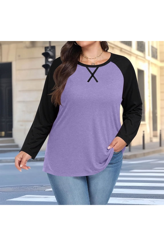 Women's Plus Size Sweatshirt Casual Chest Print Solid Color Round Neck Pullover Loose Long Sleeved Raglan Top Purple