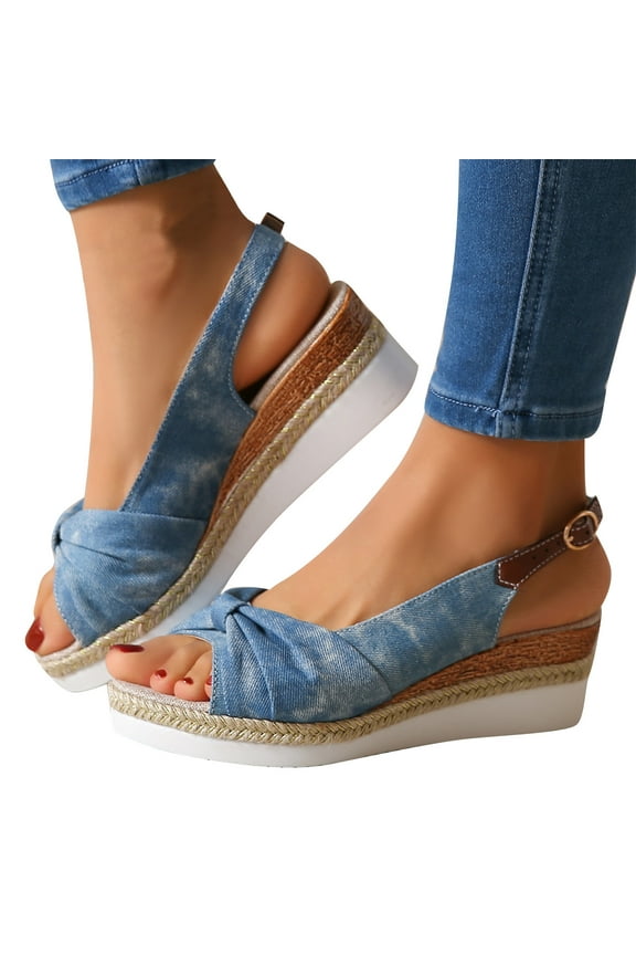 Women's Sandals Plus Size Wedge Heel Peep Toe Bowknot Shoes,Casual Straw Rope Platform Summer Sandals for Ladies,Comfortable Fashion Open Toe Slip-On Sandals Sky Blue