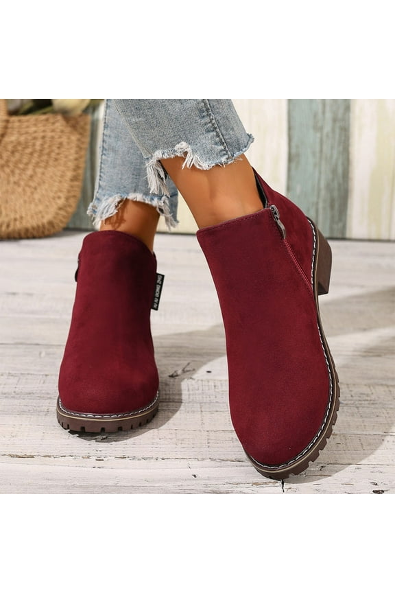 HWRETIE Women's Shoes,Side Zipper Short Boots Ladies Versatile Belt Buckle Solid Color Fall Winter Low Heel Martin Boots Comfortable Stylish Womens Shoes Wine