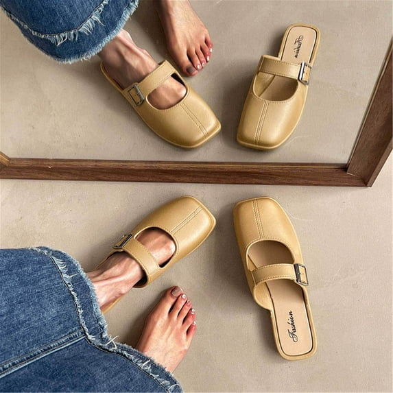 HWRETIE Women's Vintage Closed Toe Sandals Fashion Summer Casual Outdoor Flat Slide Shoes Comfort All-Match Daily Wear for Vacation Beach Use Khaki