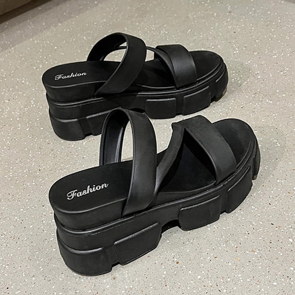 HWRETIE Women's Wedge Heel Sandals Fashion Summer Slippers Thick Sole High Heel Open Toe Shoes Comfort Height-Increasing Casual Footwear Black