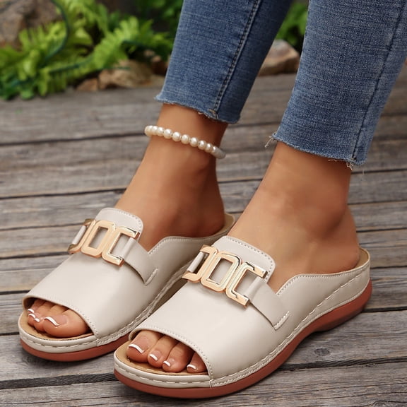 HWRETIE Womens Sandals Refined Fashion Casual Summer New Buckle Wedge Heel Open Toe Metal Buckle Fish Mouth Beach Sandals – Combining Exposed Metal Detailing With A Sleek Heel Beige/43
