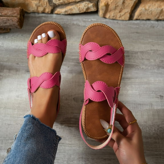 HWRETIE Woven Thick Sole Beach Sandals - Velcro Closure Lightweight Summer Shoes With Soft Cushioned Footbed,Outdoor Casual Slippers Hot Pink/43
