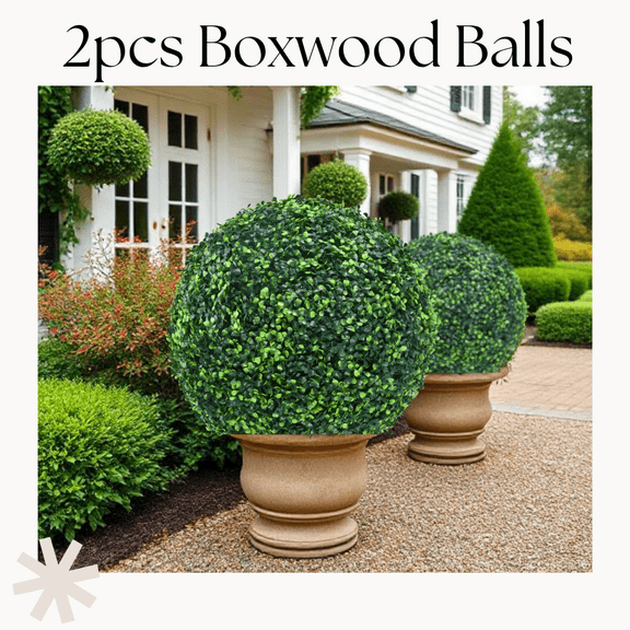 HWT 2 Pcs 20 Inch 4-Layer Leaves Artificial Boxwood Ball - UV-Proof Faux Boxwood Topiary Ball - Lifelike Artificial Plant Balls Outdoor Indoor for Garage, Home, Garden, Porch Decoration