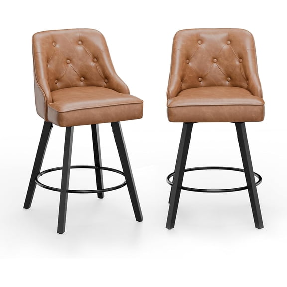 HWTER 26" H Swivel Barstools Set of 2, PU Leather Upholstered Counter Stool with Back, Kitchen High Chairs Counter Height Bar Stools with Cushion, Solid Wood Legs, Brown