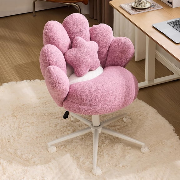 HWTER Cute Petal Vanity Desk Chair with Star Pillow, Armless Swivel Chair in Vibrant Color-Blocking, Height Adjustable Modern Computer Task Chair for Bedroom & Home Office, Teddy Fleece,Purple