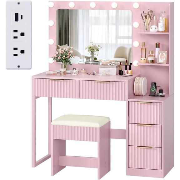 HWTER Fluted Makeup Vanity Desk with Mirror & Lights & Power Outlet, Small Vanity Table w/ 5 Drawers & 2 Storage Shelves,Pink Modern Dressing Table Set Charging Station for Bedroom