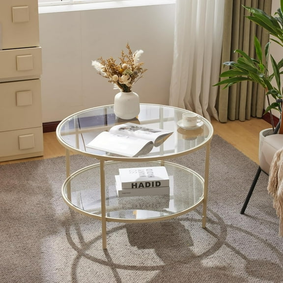 HWTER Glass Coffee Table, 30" Round Coffee Table, Transparent Glass Coffee Tables for Living Room, 2-Tier Coffee Table with Storage, Modern Center Table with a Beige Frame, Mesa de Centro para Sala