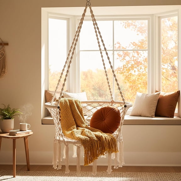 HWTER Hammock Chair, Macrame Swing Chair with 350 Lbs Capacity, Handwoven Tassels, Boho Hanging Chair for Bedroom, Living Room, Patio, Garden, Balcony, Indoor & Outdoor, (Beige)