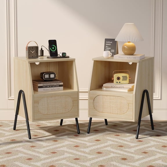 HWTER Rattan Nightstands with Charging Station, 17.6" W Boho Nightstand Set of 2 with Drawer, Wood Nightstand Bedroom, Boho Night Stands Oak, Natural Rattan Side Table/End Tables Living Room
