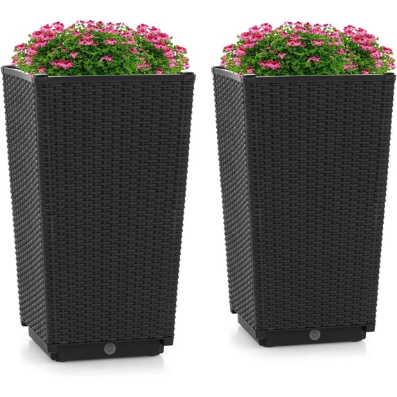 HWTER Set of 2 Tall Planters for Outdoor Indoor, 22.5" Rattan Planter Pots with Drainage Hole & Self Watering Tray, Wicker Look Flower Pots for Front Door Porch Patio Balcony (Black)