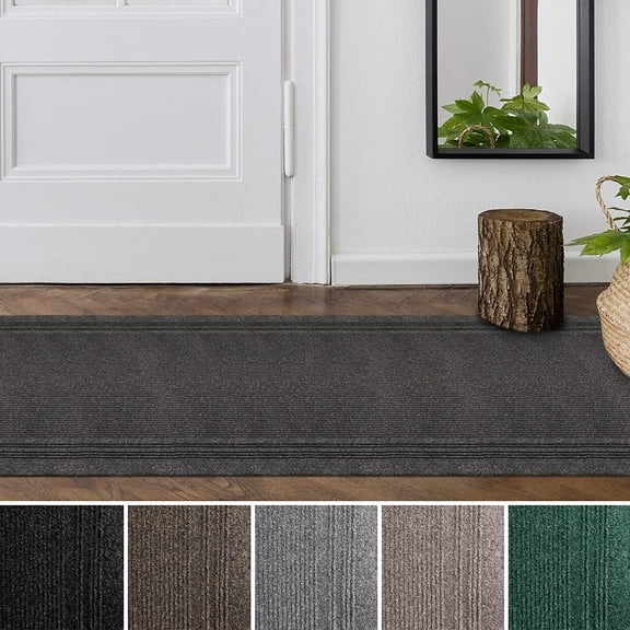 HWTER Tracker Interior/Exterior Utility Carpet Runner with Ribbed Border, Non-Slip Rubber Backing, for Entrance, Hallway 26" x 7' Dark Grey