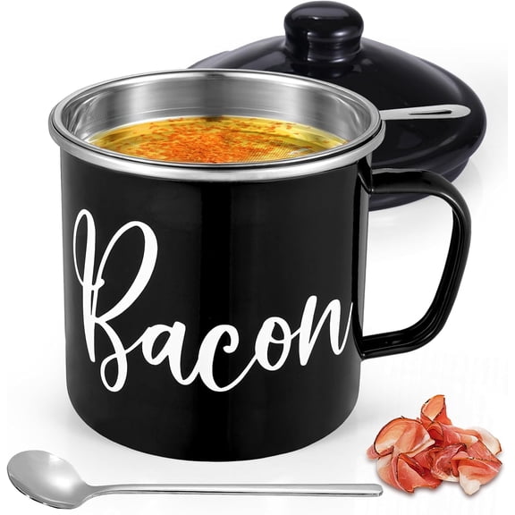 HWYUTDSAQR-Bacon Grease Container with Strainer - Mini 15oz Enamel Grease Container, Farmhouse Bacon Grease Keeper For Kitchen Fat Storage, Dishwasher Safe- Black