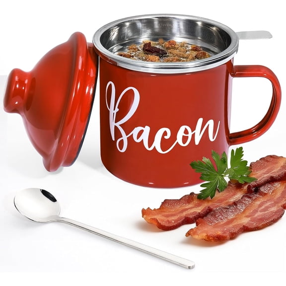 HWYUTDSAQR-Bacon Grease Saver with Strainer - 15oz Enamel Grease Container, Farmhouse Bacon Grease Keeper For Kitchen Fat Storage, Dishwasher Safe-Red
