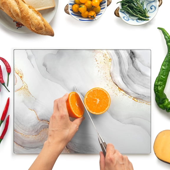 HWYUTDSAQR-Glass Cutting Board 16"x12": Tempered Glass Kitchen Counter Protector - Durable- Scratch-Resistant, Heat-Proof - Design 7 - White & Gold