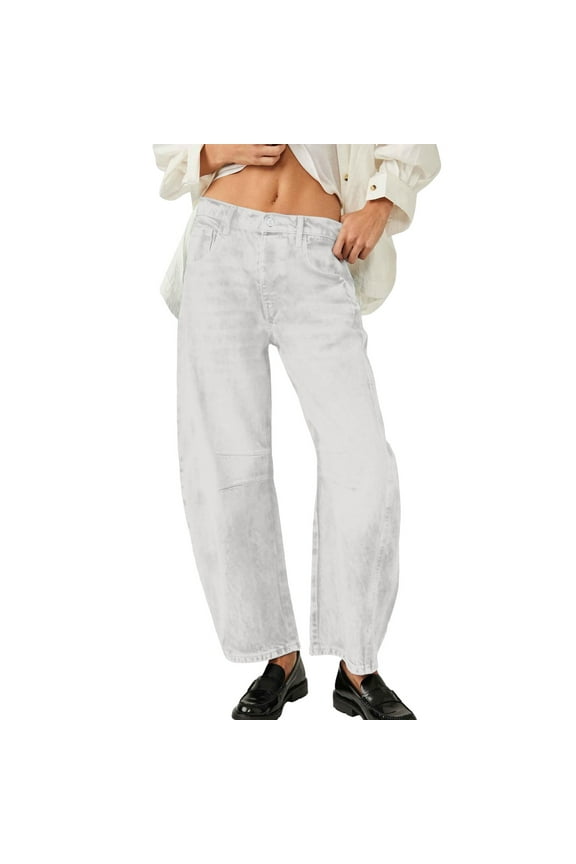 Mid Rise Barrel Jeans For Women Wide Leg Mid Waist Cropped Denim Pants Baggy Boyfriend Jeans With Pockets