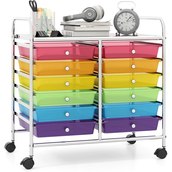 HWong 12 Drawers Rolling Cart, Mobile Storage Drawer Cart, Classroom Organizer Cart for Office School Supplies Tools Scrapbook Paper Craft Small Printer, Utility Cart on Wheels, Rainbow